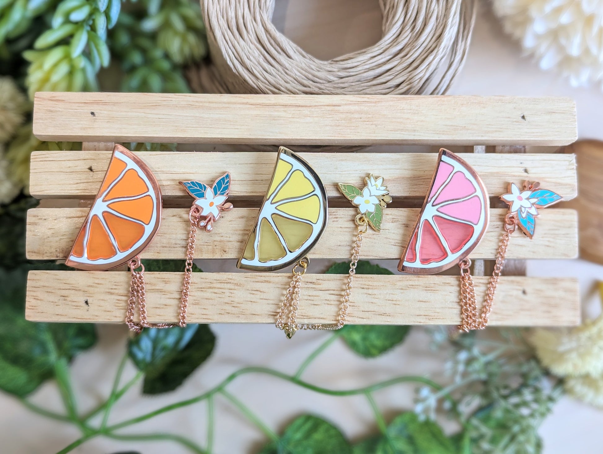 Citrus Dual Collar (Hard Enamel) Pins Set - Orange, Lemon, Pink Grapefruit