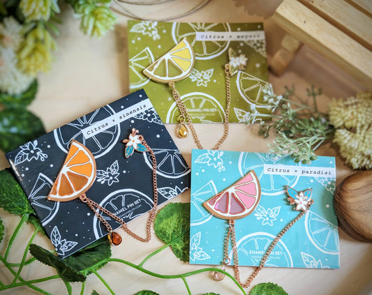 Citrus Dual Collar (Hard Enamel) Pins Set - Orange, Lemon, Pink Grapefruit