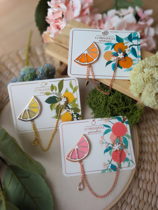 Citrus Dual Collar (Hard Enamel) Pins Set - Orange, Lemon, Pink Grapefruit
