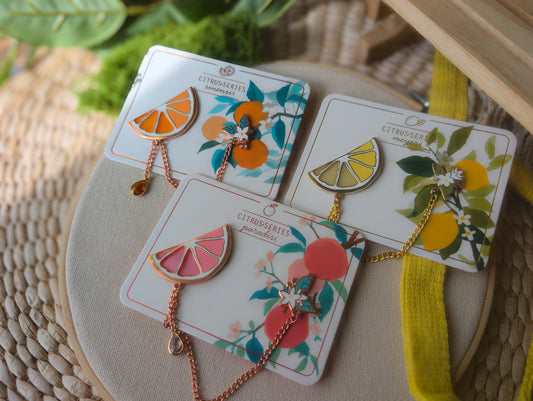 Citrus Dual Collar (Hard Enamel) Pins Set - Orange, Lemon, Pink Grapefruit